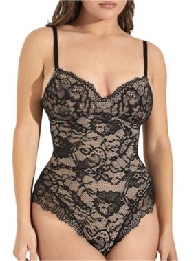 Pinsy Shapewear black Lace Bodysuit Tummy Control Compression Shaping Small NWT